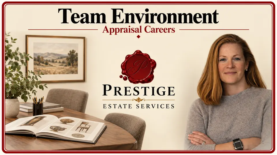 An appraisal colleague beside a shared research table, object catalog and framed landscape.