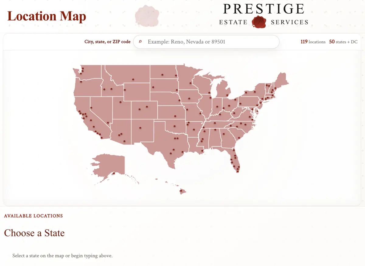 Map overview of Prestige Estate Services appraisal locations across the United States