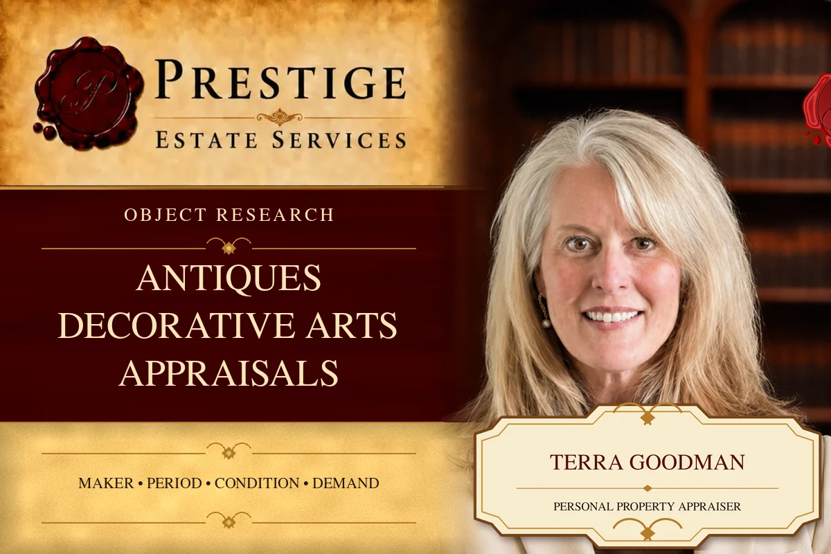 Terra Goodman on the Prestige Estate Services antiques appraisal card.