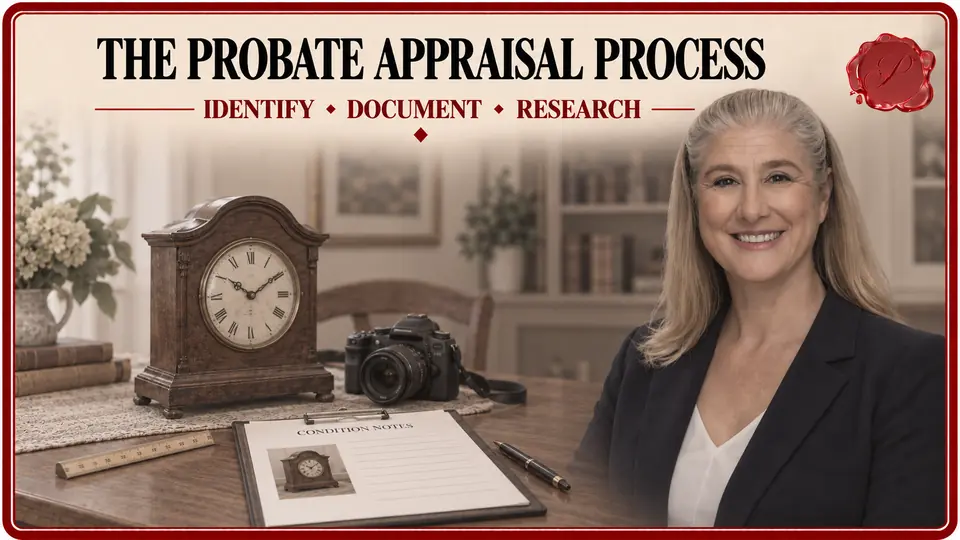 Appraiser beside a mantel clock, camera and condition notes for the probate appraisal inspection process.