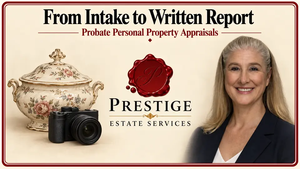 Probate appraisal documentation illustrated by an appraiser, porcelain tureen and camera.