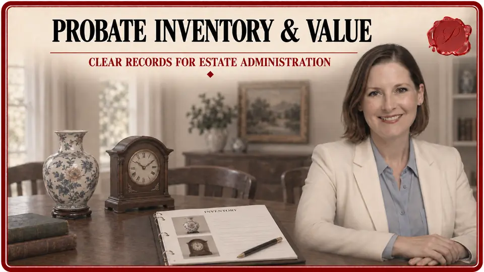 Appraiser beside a probate inventory, ceramic vase and mantel clock documenting estate belongings.