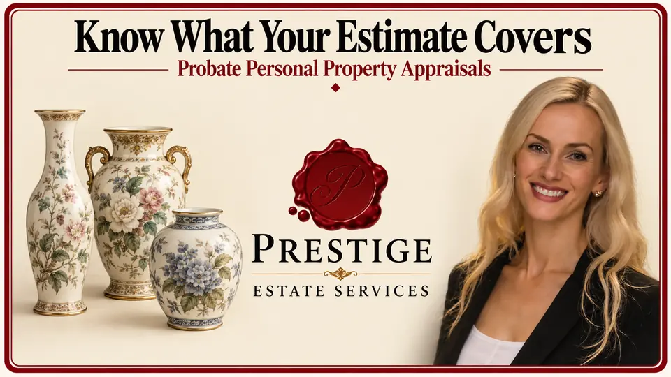 Appraisal scope illustrated by an appraiser and three porcelain vases of different shapes.