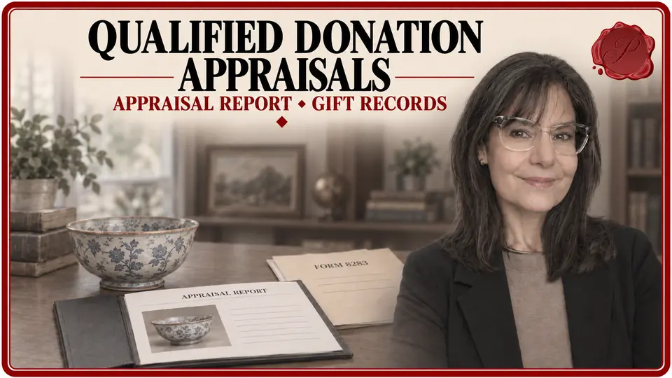 Appraiser beside a ceramic bowl, qualified appraisal report and Form 8283 folder for donation documentation.