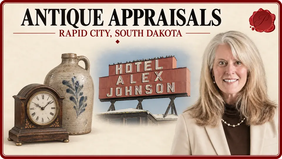 Antique appraisals in Rapid City, South Dakota, with a mantel clock, stoneware jug, Hotel Alex Johnson sign and appraiser.