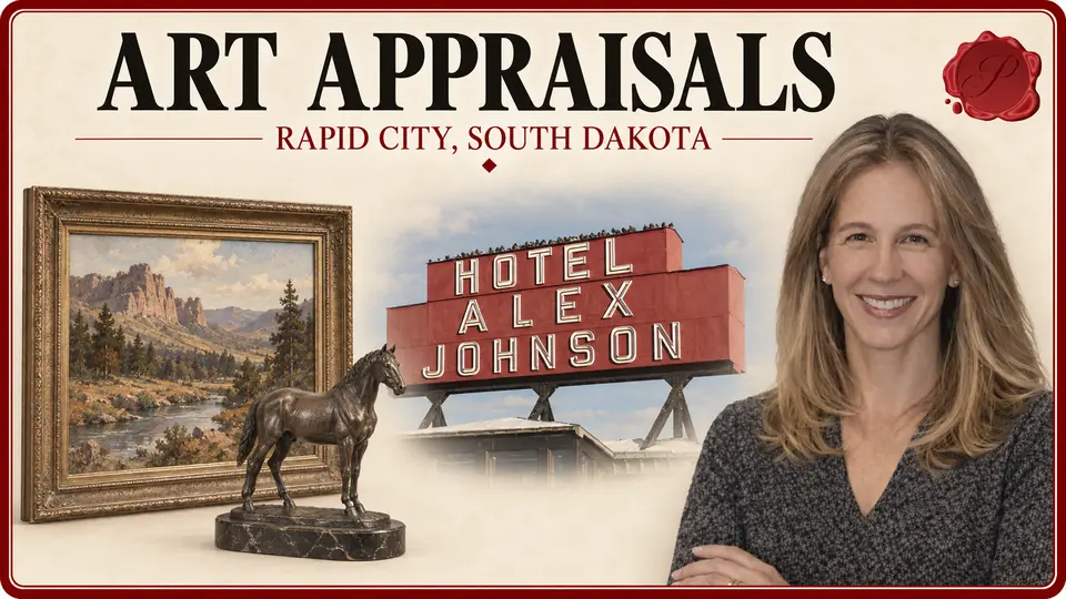 Art appraisals in Rapid City, South Dakota, with a landscape painting, bronze horse, Hotel Alex Johnson sign and appraiser.