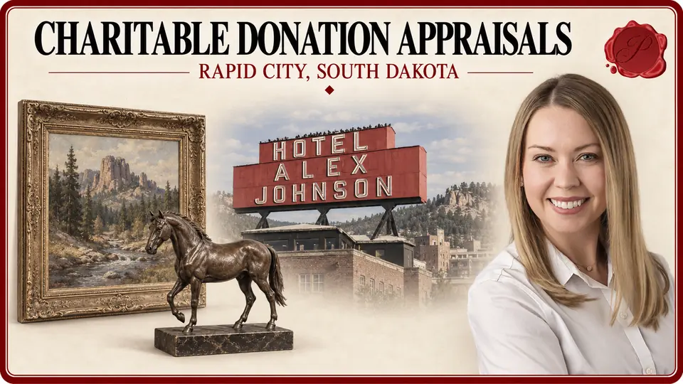 Donation appraisals in Rapid City, South Dakota, with a landscape painting, bronze horse, Hotel Alex Johnson sign and appraiser.