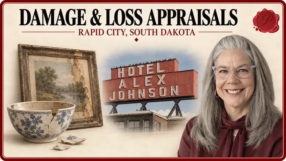 Damage and loss appraisals in Rapid City, South Dakota, with a broken bowl, water-damaged painting, Hotel Alex Johnson sign and appraiser.