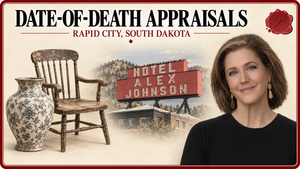 Date-of-death appraisals in Rapid City, South Dakota, with a ceramic vase, worn armchair, Hotel Alex Johnson sign and appraiser.