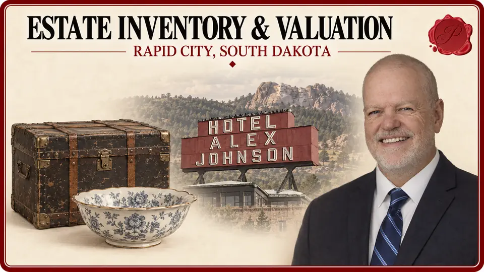 Estate inventory card for Rapid City, South Dakota, with a trunk, porcelain bowl, appraiser, Hotel Alex Johnson sign and added Mount Rushmore.