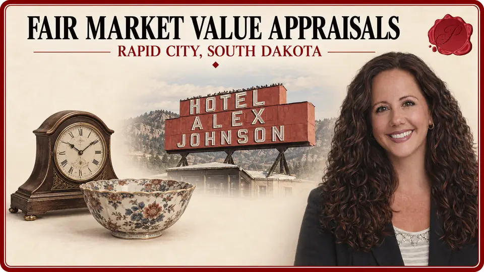Fair market value appraisals in Rapid City, South Dakota, with a mantel clock, ceramic bowl, Hotel Alex Johnson sign and appraiser.