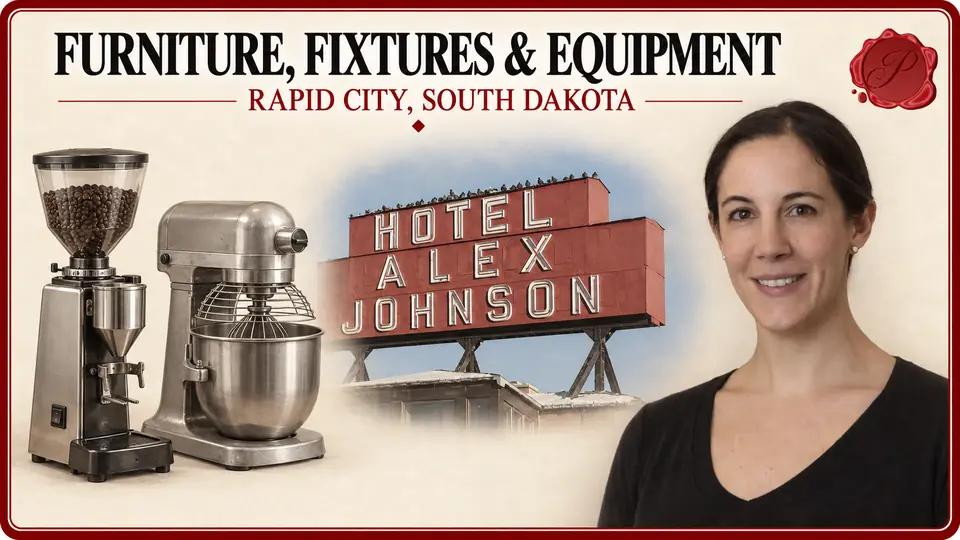 Business equipment appraisals in Rapid City, South Dakota, with a coffee grinder, stand mixer, Hotel Alex Johnson sign and appraiser.