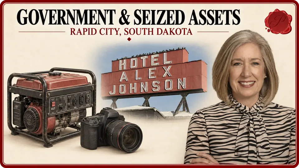 Government asset appraisals in Rapid City, South Dakota, with a portable generator, camera, Hotel Alex Johnson sign and appraiser.