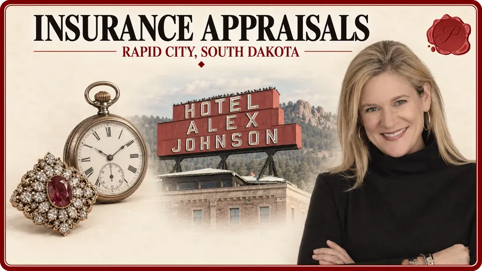 Insurance appraisals in Rapid City, South Dakota, with a jeweled brooch, pocket watch, Hotel Alex Johnson sign and appraiser.