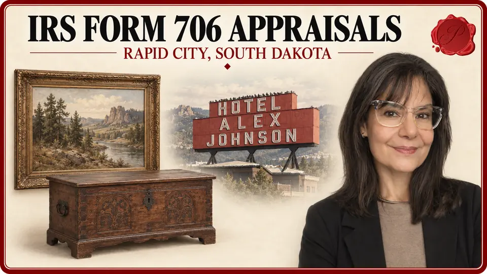 IRS Form 706 appraisals in Rapid City, South Dakota, with a landscape painting, antique chest, Hotel Alex Johnson sign and appraiser.