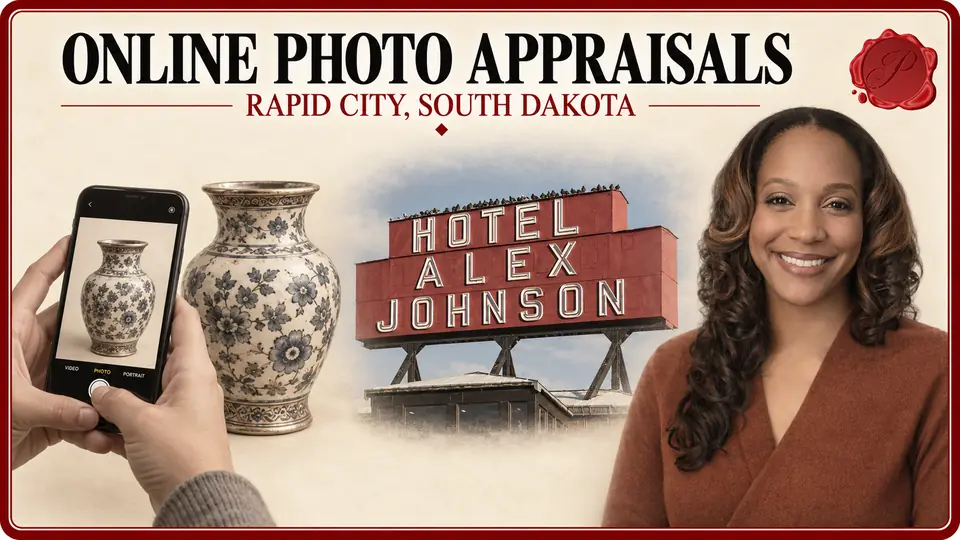 Online photo appraisal card for Rapid City, South Dakota, with a phone photographing a vase, Hotel Alex Johnson sign and appraiser.