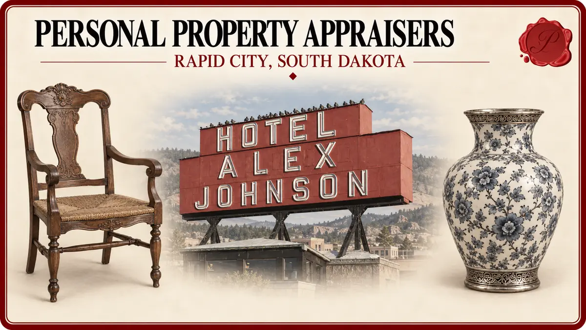 Personal property appraisers in Rapid City, South Dakota, with an antique chair, porcelain vase and Hotel Alex Johnson sign.