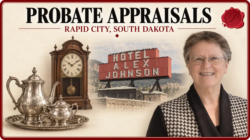Probate appraisals in Rapid City, South Dakota, with a silver tea service, wall clock, Hotel Alex Johnson sign and appraiser.