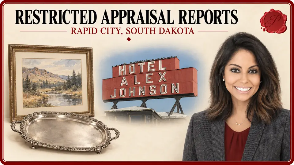 Restricted appraisal reports in Rapid City, South Dakota, with a framed watercolor, silver tray, Hotel Alex Johnson sign and appraiser.