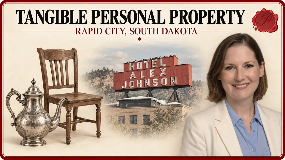 Tangible property appraisals in Rapid City, South Dakota, with a silver teapot, wooden chair, Hotel Alex Johnson sign and appraiser.