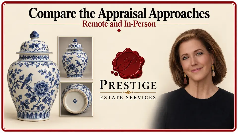 Personal property appraisal illustrated by a covered jar and identifying photographs, an appraiser and the Prestige logo.