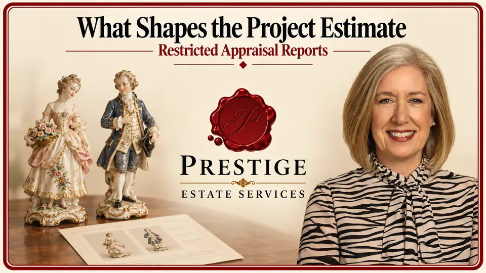 Appraisal estimating illustrated by two porcelain figurines, an item record, appraiser and Prestige logo.