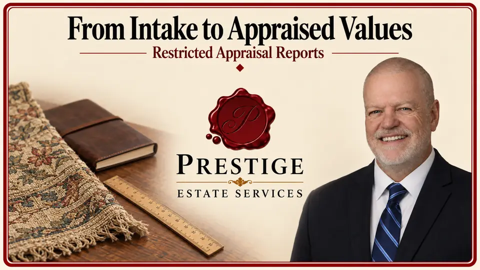Appraisal research shown with an antique textile, ruler, notebook, appraiser and Prestige logo.