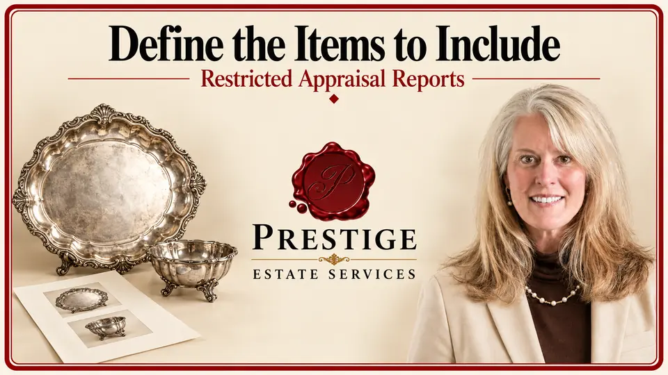 Restricted appraisal scope illustrated by a silver tray and bowl, item photographs, appraiser and Prestige logo.
