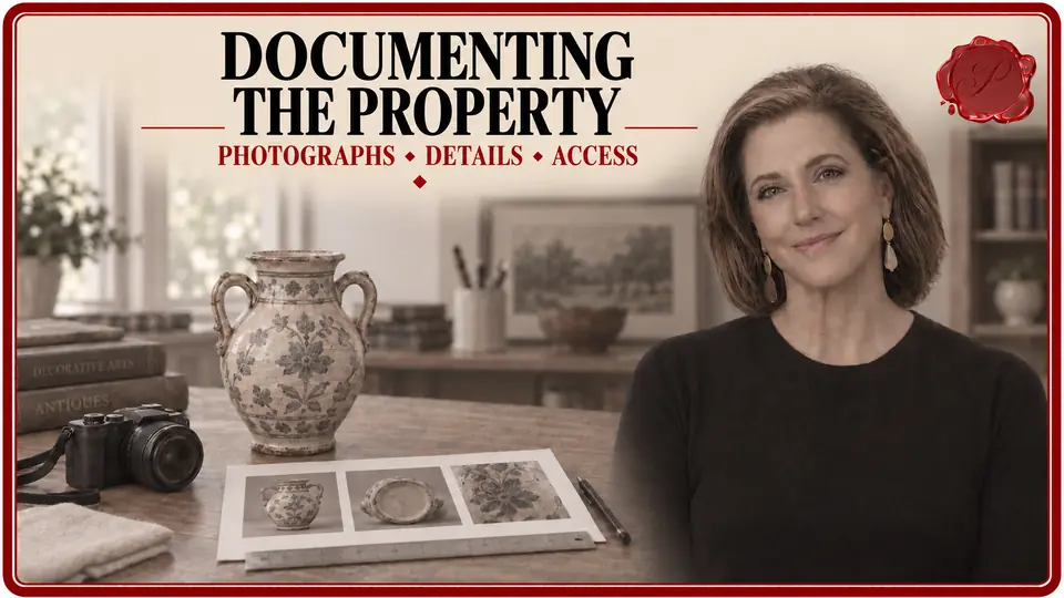 Appraiser beside a ceramic vase, camera and detail photographs for Restricted Appraisal Report documentation.