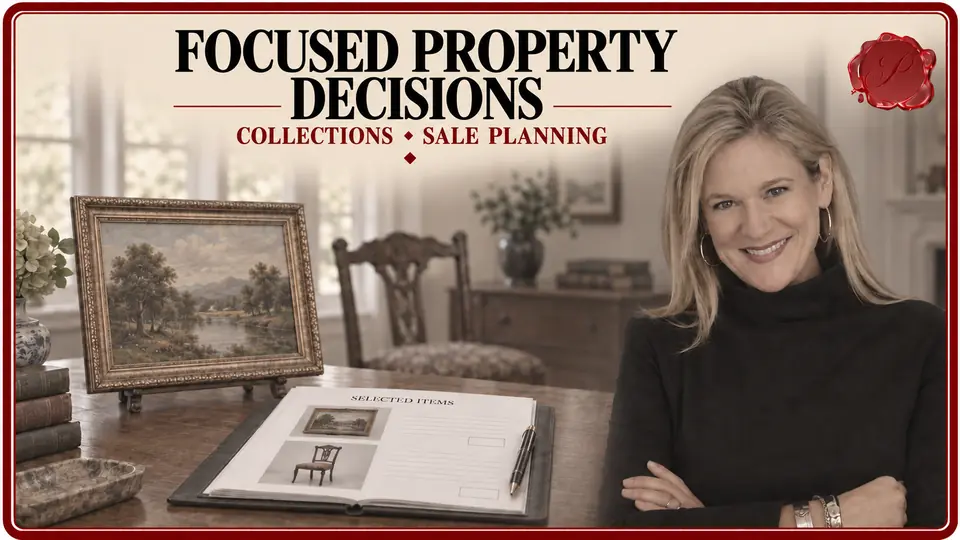 Appraiser beside a painting, wooden chair and selected-item inventory for Restricted Appraisal Report planning.