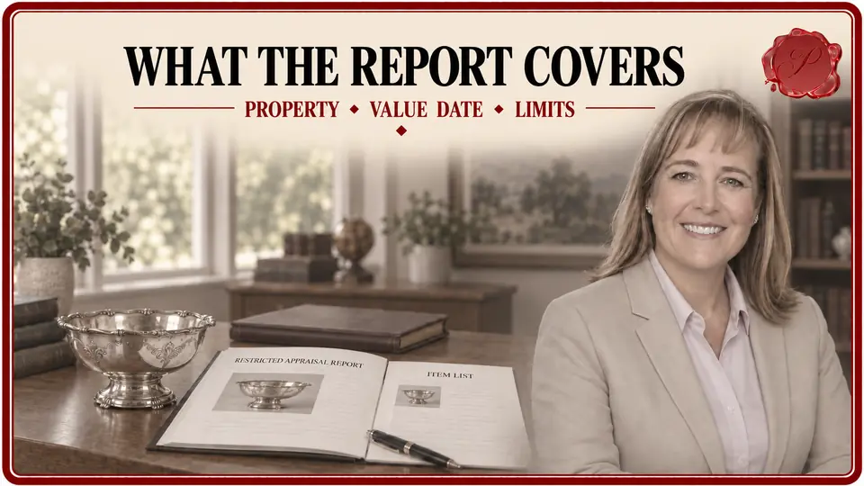 Appraiser beside a Restricted Appraisal Report, item list and silver bowl identifying the property covered.
