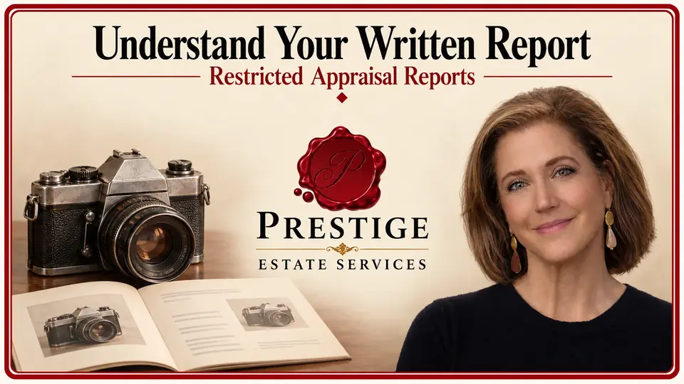 Restricted Appraisal Report illustrated by a vintage camera, matching report photograph, appraiser and Prestige logo.