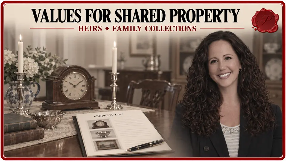 Appraiser beside a mantel clock, silver candlesticks and property list for dividing inherited personal property.