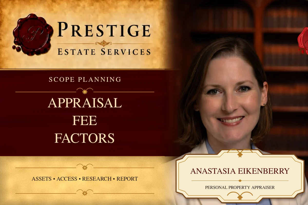 Anastasia Eikenberry on the Prestige Estate Services fees appraisal card.