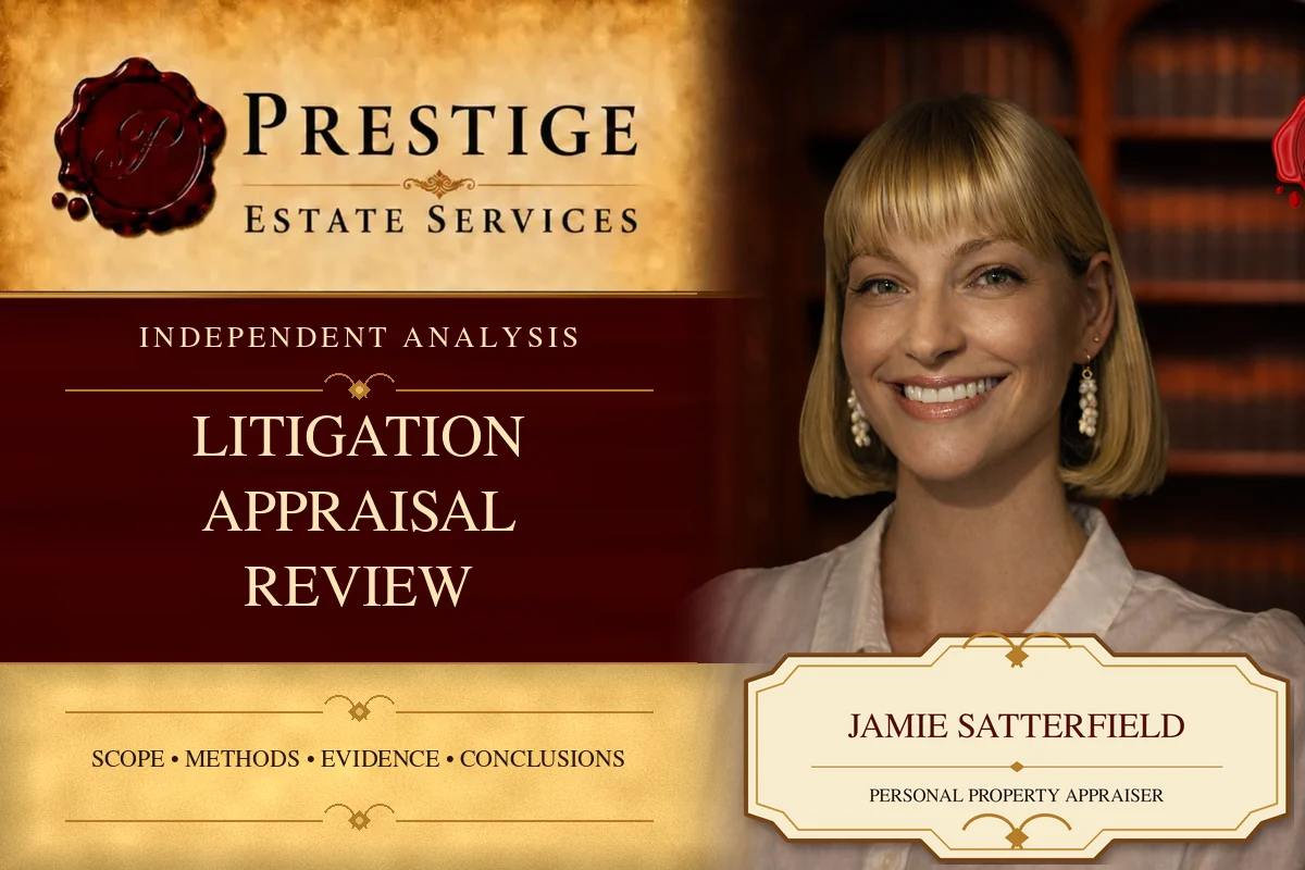 Jamie Satterfield on the Prestige Estate Services litigation review appraisal card.