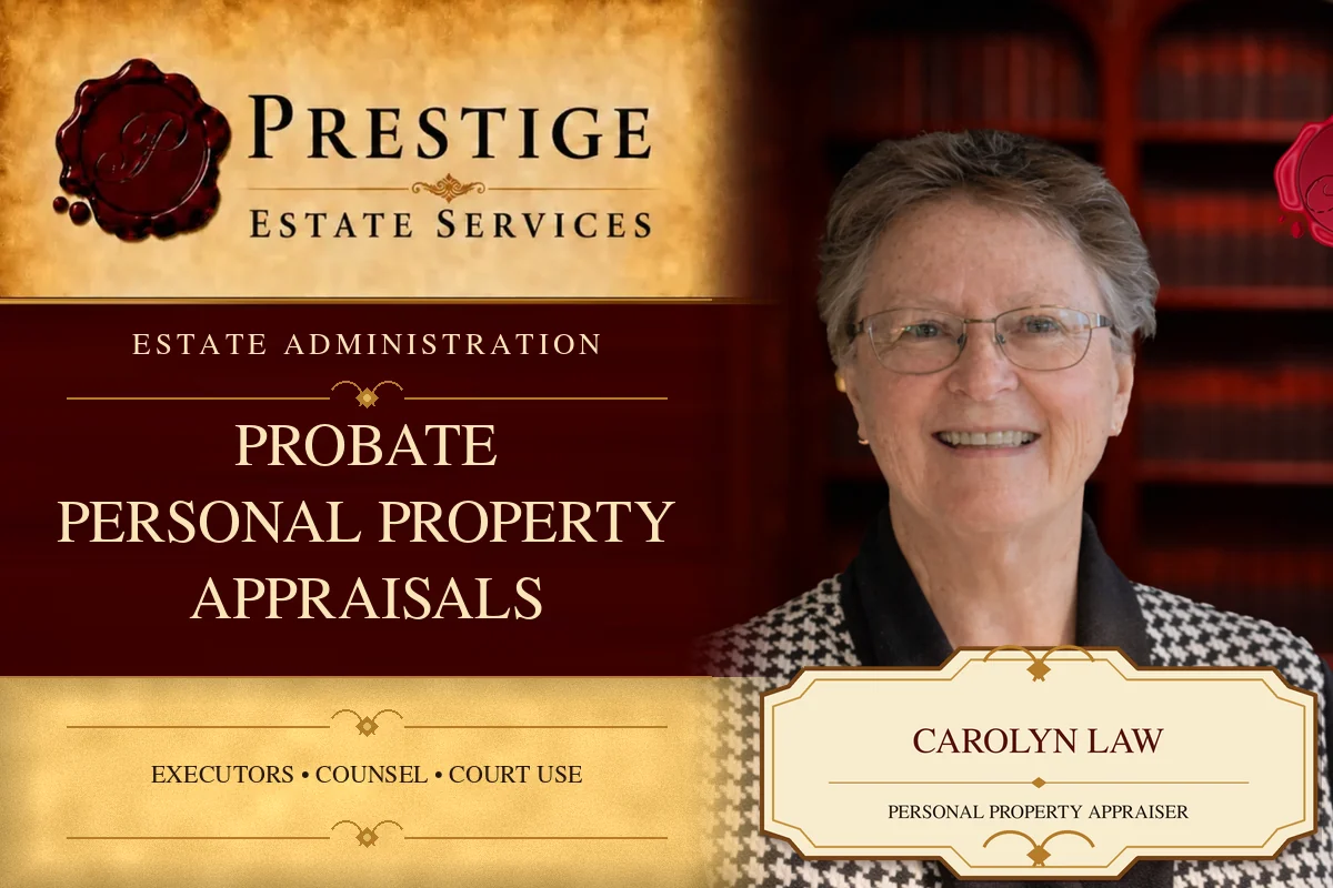 Carolyn Law on the Prestige Estate Services probate appraisal card.