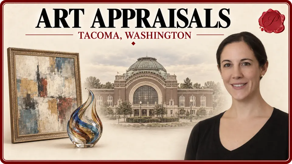 Art appraisals in Tacoma, Washington: framed abstract painting, blown-glass sculpture, Union Station and an appraiser.