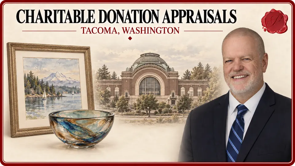 Charitable donation appraisals in Tacoma, Washington: framed watercolor, glass bowl, Union Station and an appraiser.