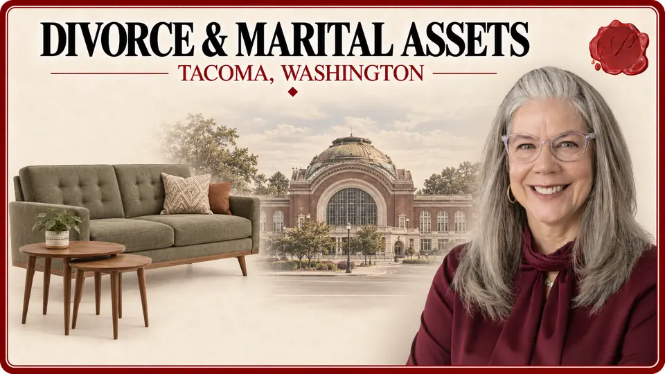 Divorce and marital assets in Tacoma, Washington: sofa with cushions, nesting tables with a small plant, Union Station and an appraiser.
