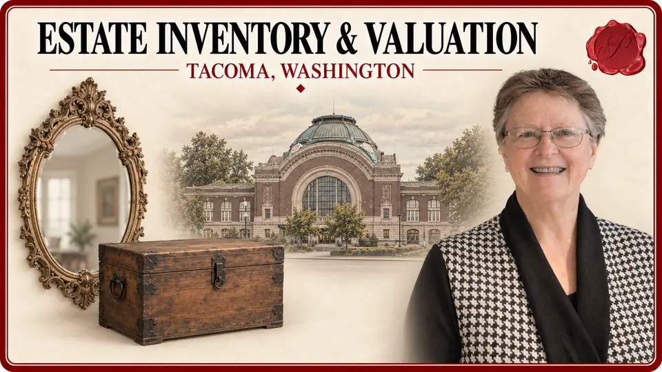 Estate inventory and valuation in Tacoma, Washington: ornate mirror, wooden storage chest, Union Station and an appraiser.