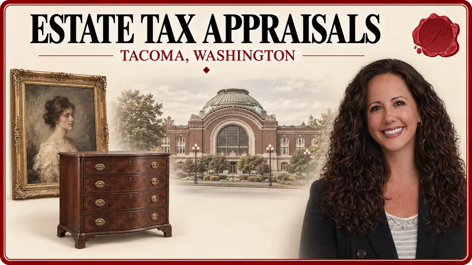 Estate tax appraisals in Tacoma, Washington: framed oil portrait, chest of drawers, Union Station and an appraiser.