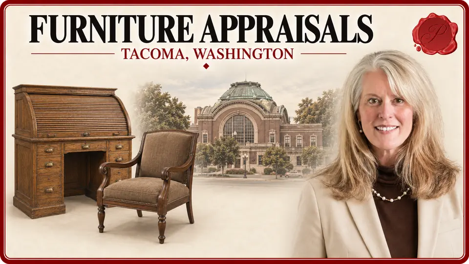 Furniture appraisals in Tacoma, Washington: roll-top desk, upholstered wooden armchair, Union Station and an appraiser.