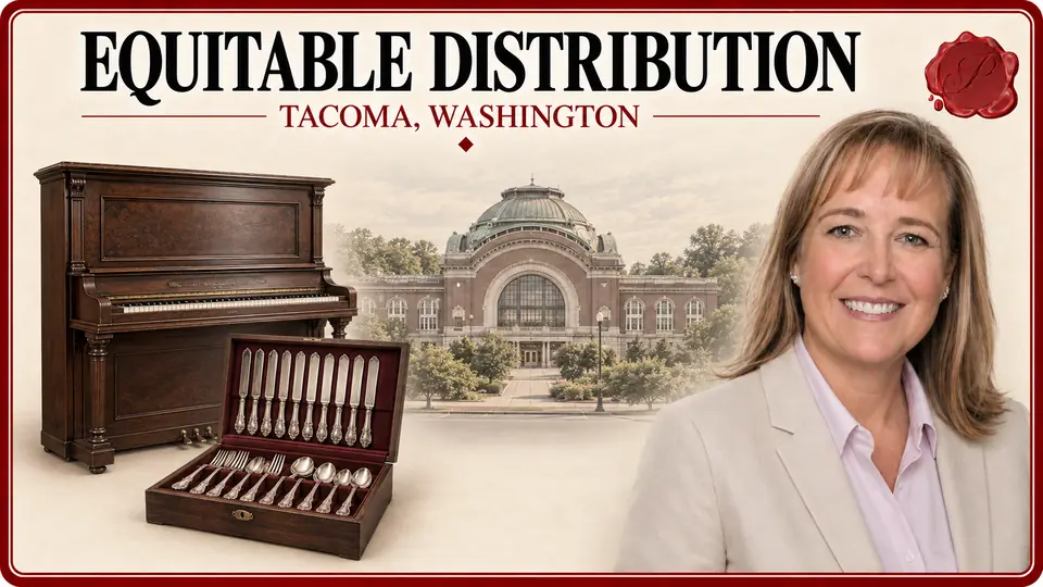 Equitable distribution appraisals in Tacoma, Washington: upright piano, fitted flatware case, Union Station and an appraiser.