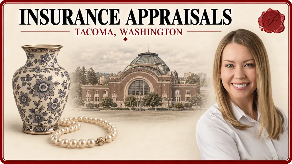 Insurance appraisals in Tacoma, Washington: pearl necklace, floral ceramic vase, Union Station and an appraiser.