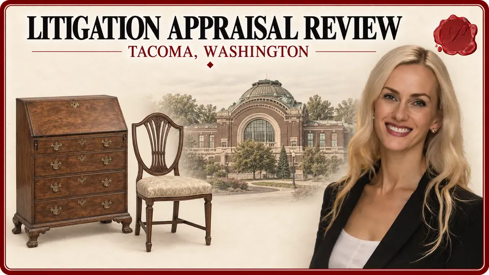 Litigation appraisal review in Tacoma, Washington: wooden bureau, upholstered side chair, Union Station and an appraiser.