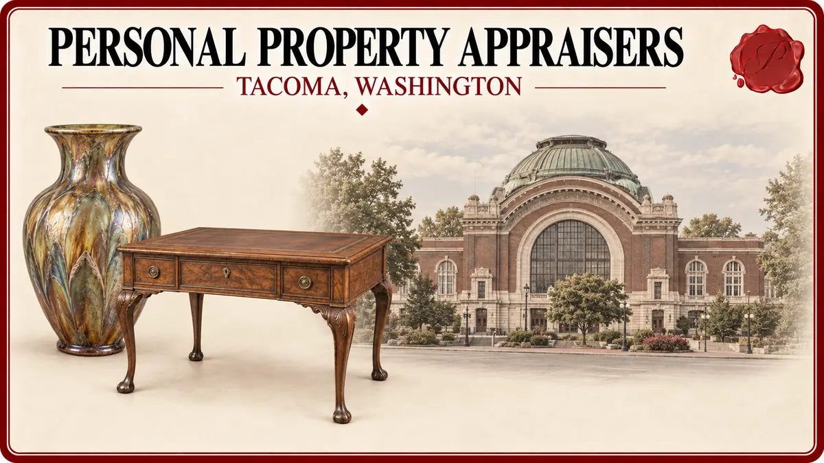 Personal property appraisers in Tacoma, Washington: studio glass vase and walnut writing table beside Union Station.