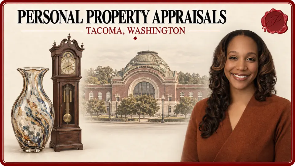 Personal property appraisals in Tacoma, Washington: glass vase, tall-case clock, Union Station and an appraiser.