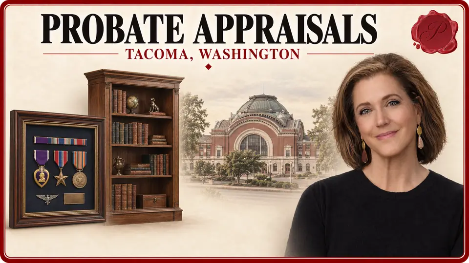 Probate appraisals in Tacoma, Washington: framed military medals, furnished bookcase, Union Station and an appraiser.