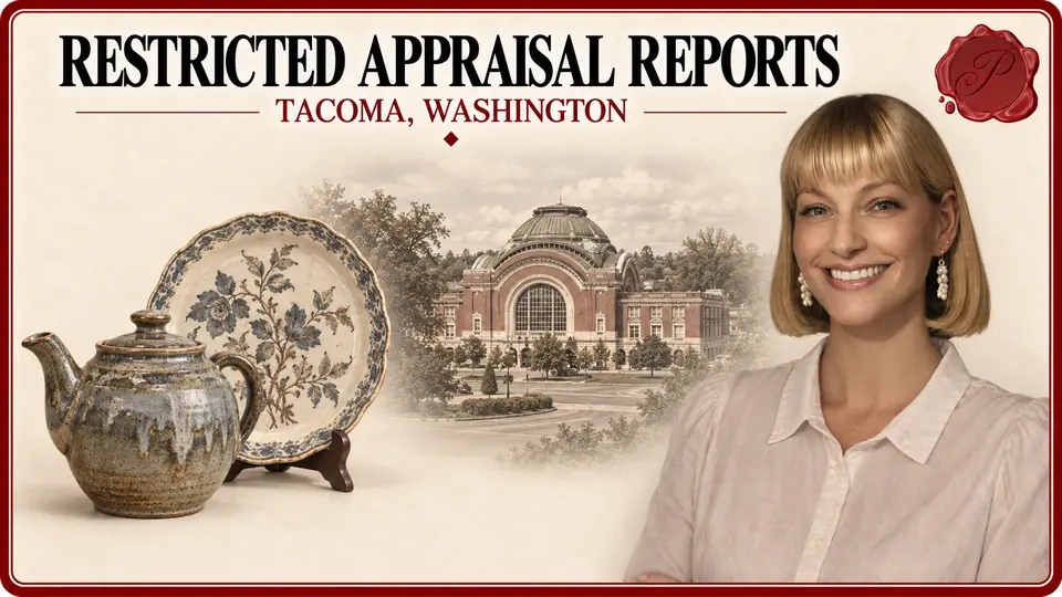 Restricted appraisal reports in Tacoma, Washington: pottery teapot, floral decorative plate, Union Station and an appraiser.