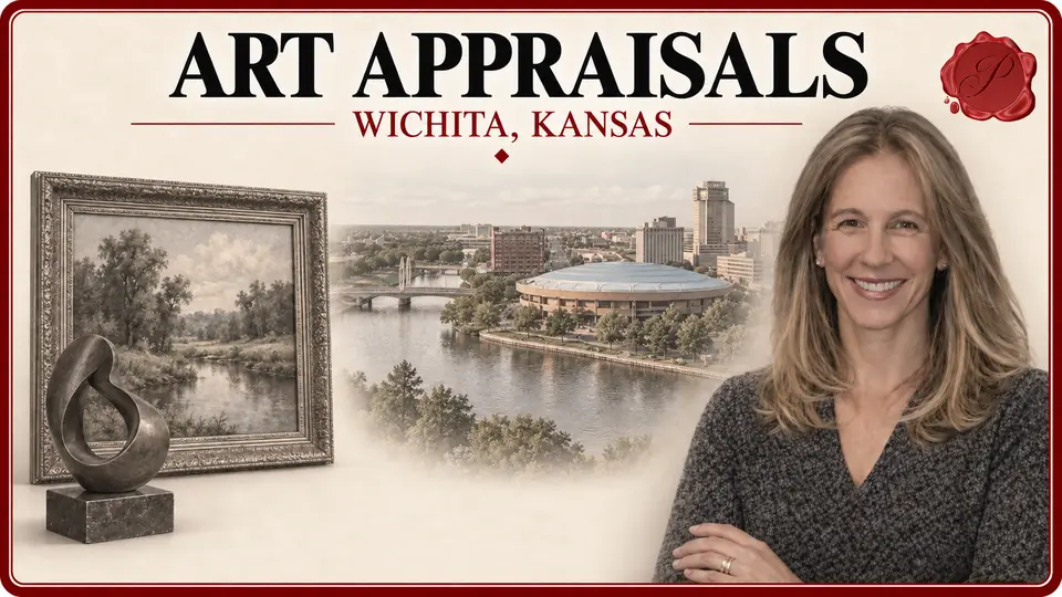 Art appraisals illustration with a framed landscape painting and abstract sculpture, an appraiser portrait and Century II in Wichita, Kansas.